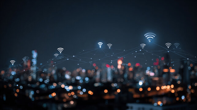 nigth time Smart digital Innovation city with connection network reciprocity over the city of future smart wireless digital city and social media networking systems that connects people with in city