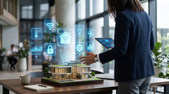 Smart home technology concept with woman using holographic interface over architectural house model for energy management and security