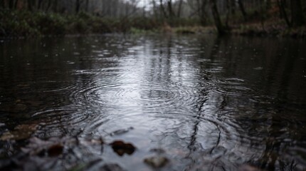 Obraz premium Raindrops falling on a woodland pond create circular ripples in the water