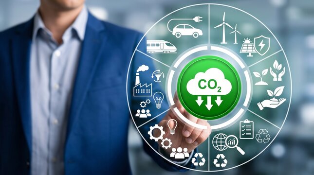 Man pointing at CO2 reduction icon, sustainability concept