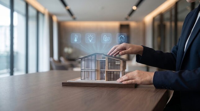 Smart home technology concept with business person touching modern house model and digital icons for energy efficiency, lighting, and temperature control.