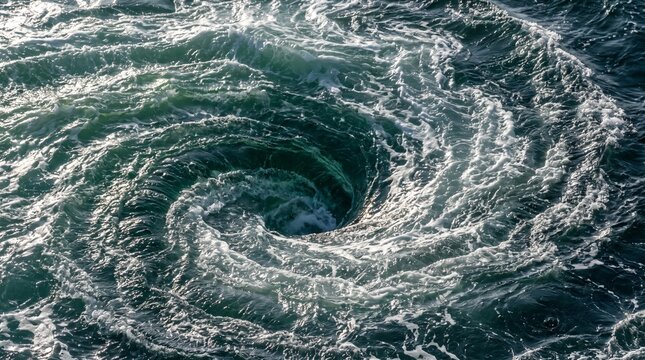 Marine whirlpool churns turbulent ocean currents in a swirling vortex