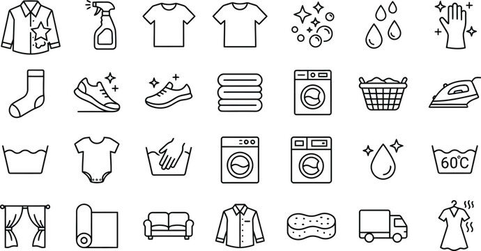 Laundry service icons set black outline vector illustration for cleaning washing clothes house care products   