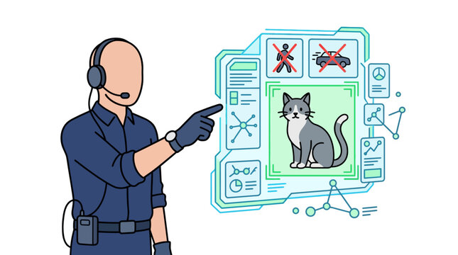 Security professional using futuristic artificial intelligence interface for object recognition and animal detection in high-tech surveillance system