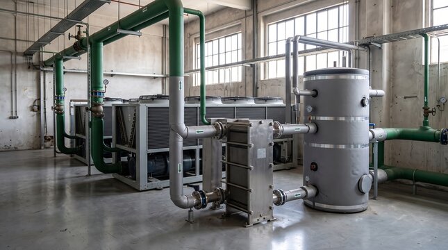 Industrial heat recovery system featuring condenser units and plate heat exchangers in a modern professional facility setting