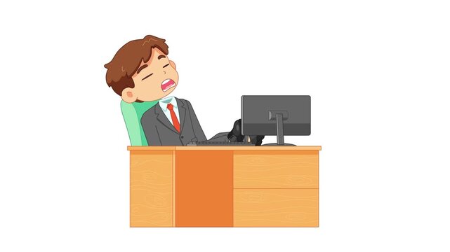 Lazy businessman sleeping at office desk with feet up on green screen background. 