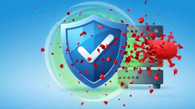 digital security shield protects computer server from an email carrying virus set against smooth blue gradient background symbolizing data protection and cybersecurity threat defense