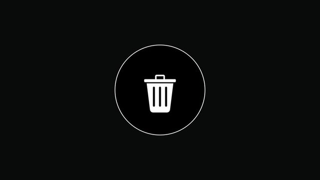 Minimalist Trash Can Icon Animation with Opening Lid in White Circle Outline on Black Background in 4K