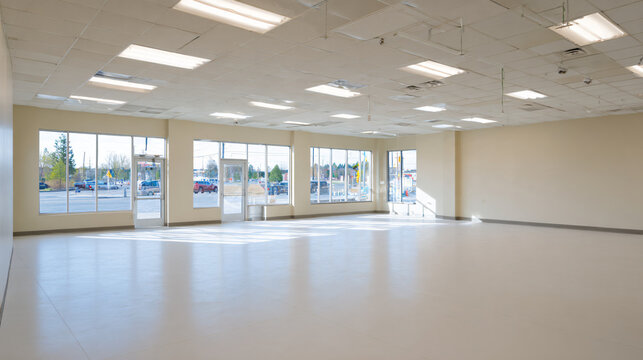 premium commercial real estate interior photograph of a completely empty generic retail unit before tenant occupancy, polished concrete floor, large storefront windows,