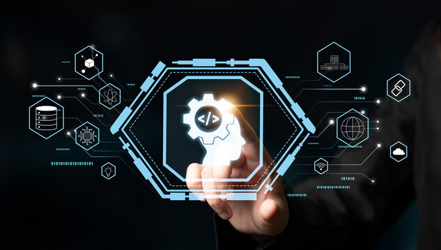AI machine learning and software development for modern technology solutions. A concept of coding, data science, and algorithm engineering. Motif