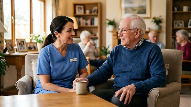 Caring caregiver converses with senior man in cozy retirement home lounge