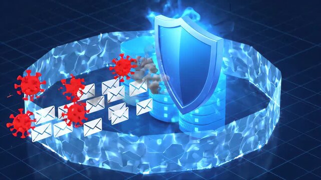 glowing digital shield protects server hardware against incoming malicious virus-infected email spam attacks represented by red floating entities on dark blue isometric grid background