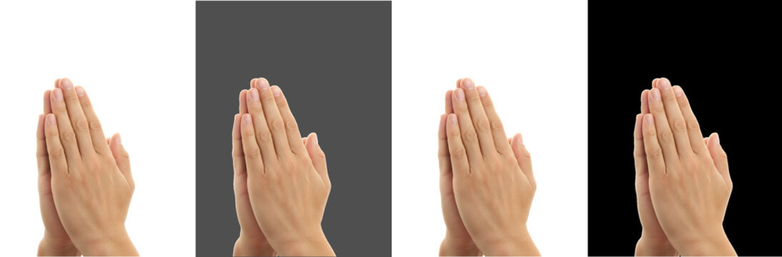 Human hands pressed together in a prayer gesture isolated on white