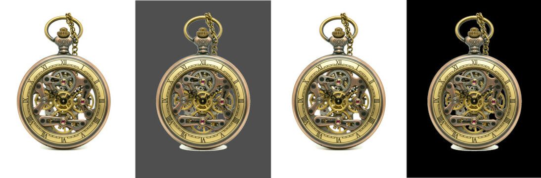 Vintage gold mechanical pocket watch isolated on transparent background