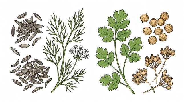 Cumin and coriander vector botanical illustration: seeds, leaves, flowers.