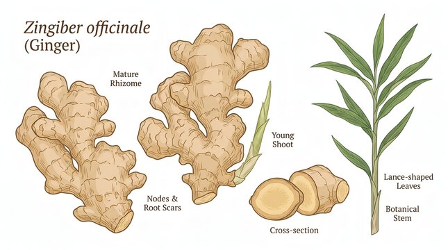 Detailed botanical illustration of ginger plant (Zingiber officinale), including rhizome, stem, leaves, shoot, and cross-section.