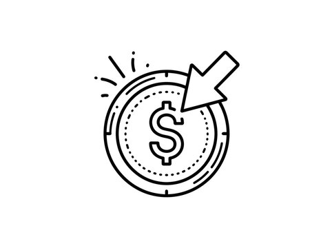 Dollar coin with downward arrow symbolizing financial decrease or cost reduction.