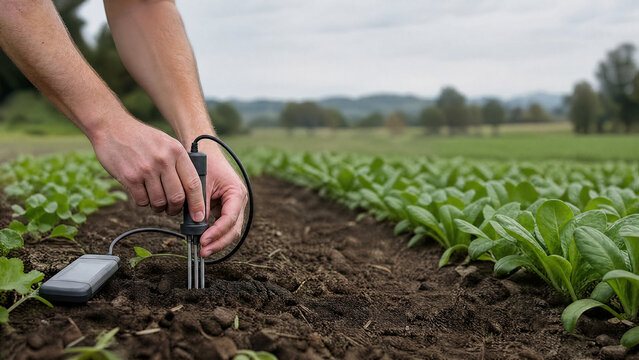 Hands placing a soil sensor in a field