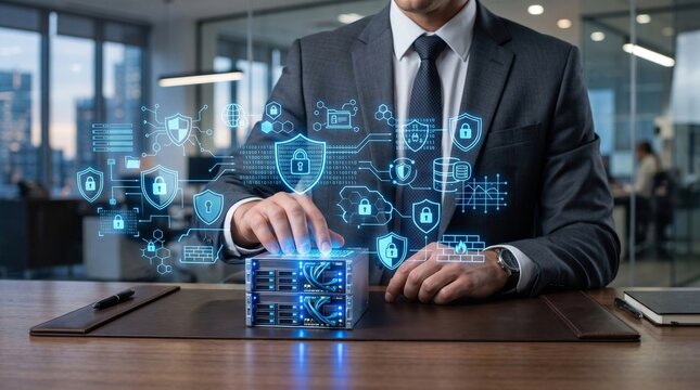Cybersecurity data protection and server network management by a businessman in a suit with holographic security icons, padlocks, and firewalls in a modern office setting.