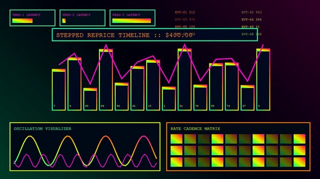 A screen displaying dynamic pricing metrics with oscillating waveforms and bar charts updating in sequence to illustrate market fluctuations and complex data flow for analytical review