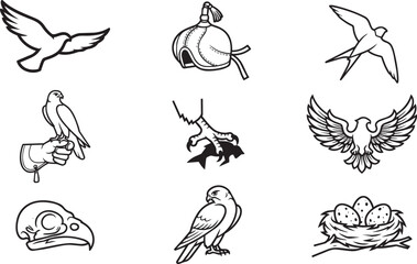 Fototapeta premium Falconry and bird of prey icons including a bird in flight, falcon hood, bird on a gloved hand, talon with fish, and nest with eggs in line