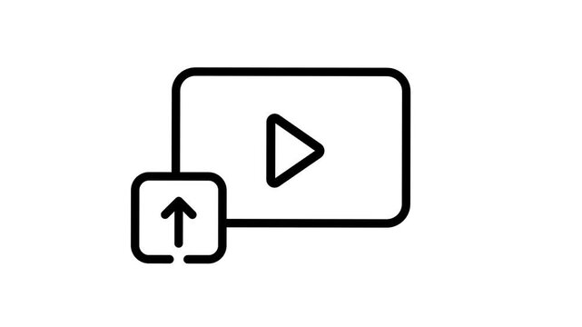 Video Upload Line Icon Animation with Media Player and Arrow Symbol on Clean White Background in UHD 4K