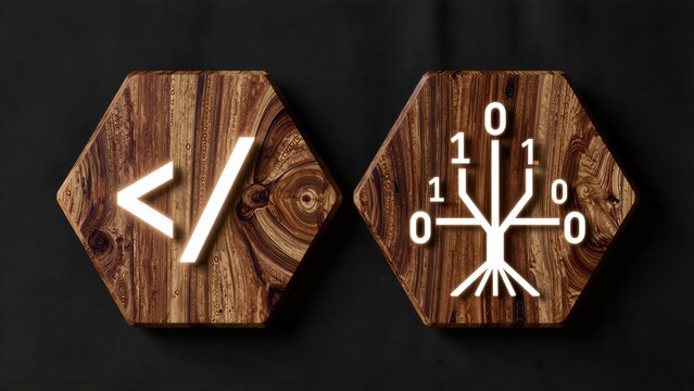 Wooden hexagons display code and binary tree, symbolizing digital logic on natural surfaces.