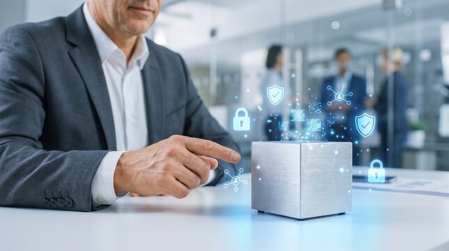 Cybersecurity business technology. Businessman pointing at glowing cube with digital security icons in modern office. Data protection and network security concept for corporate innovation.