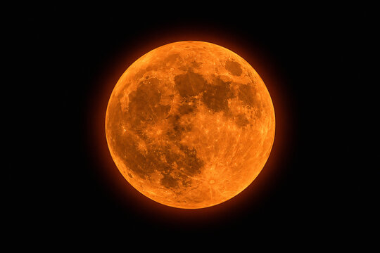 A bright, orange-red total lunar eclipse is occurring against the blackness of space.