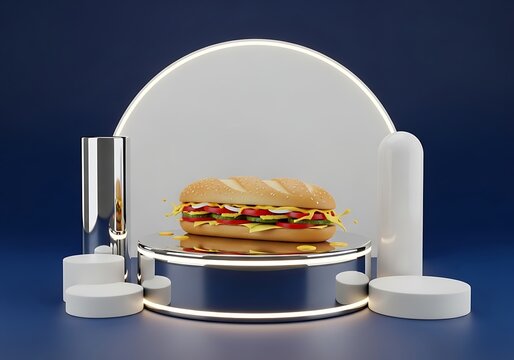 3d burger inside futuristic scanner with glowing lights