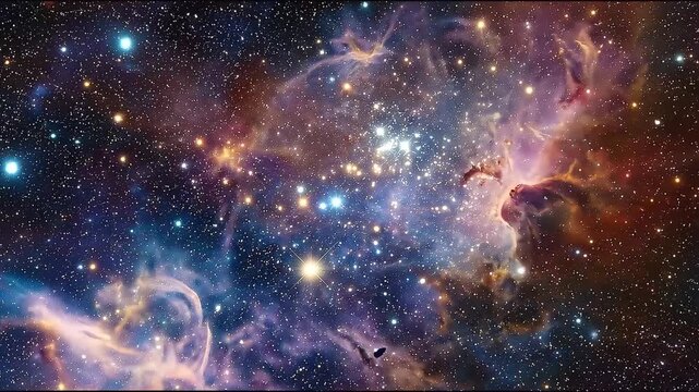 Cinematic cosmic nebula footage featuring glowing star clusters and colorful galaxy dust loop