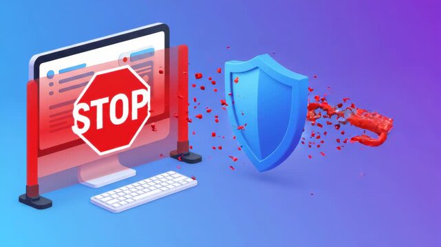 3D blue shield protecting desktop computer from red phishing hook against soft gradient background illustrating online cybersecurity digital defense and data protection concepts
