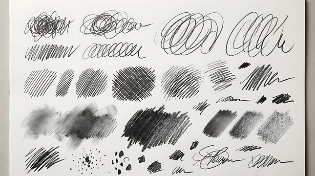 Set of hand drawn pencil sketches showing various charcoal hatching textures and organic scribble patterns for art education.