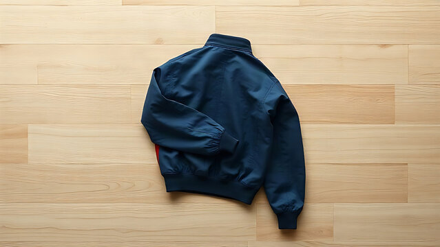 Folded reversible jacket in deep blue with red inner lining on oak surface, versatile fashion concept