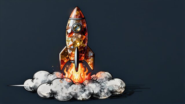 Shiny rocket launches with fiery exhaust and sparkling gemstone design against a dark backdrop.