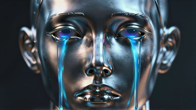 Metallic face weeps blue tears, reflecting emotion in a futuristic sculpture.