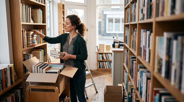 Focused female bookstore owner or librarian organizing new arrivals on wooden shelves, taking books from a cardboard box in a cozy, bright local bookshop interior during the day.