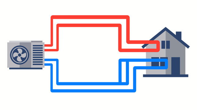 A simplified diagram of a heat pump system connected to a residential house.