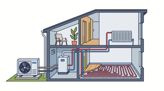Cross section diagram of a modern house showing heat pump and underfloor heating system.