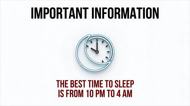 Clean informational graphic featuring a wall clock with a crescent moon icon and bold text stating "Important Information: The best time to sleep is from 10 PM to 4 AM"