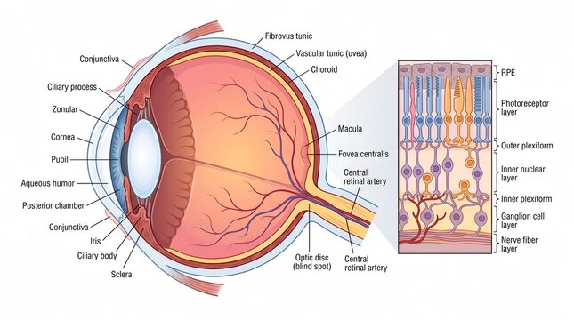 Human eye anatomy diagram with cross section and retinal layers detail