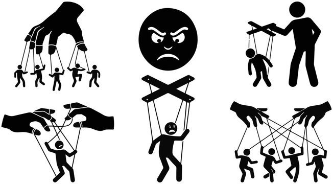 Set of human silhouette icons depicting puppet master control and manipulation with people on strings social control power dynamics mind control social issues