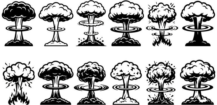 Set of black and white nuclear explosion mushroom cloud icons with atomic blast nuclear weapon military symbols bomb blast vector graphic icon set mushroom shape