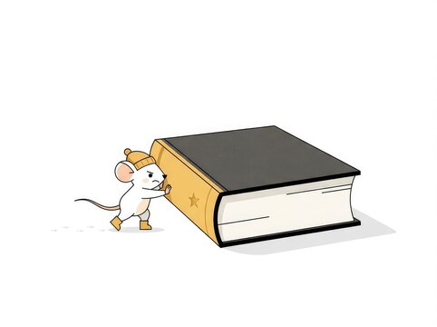 Cute white mouse in yellow boots and hat pushing a giant closed book with a star on spine, illustration concept