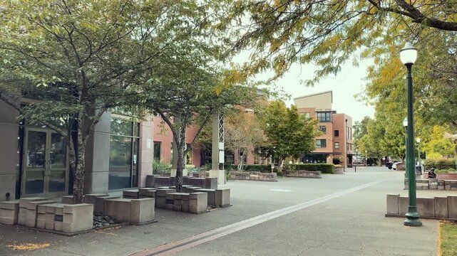 Paved plaza walkway with concrete block seating, trees, and a green lamp post - Puyallup WA, USA - September 12, 2026