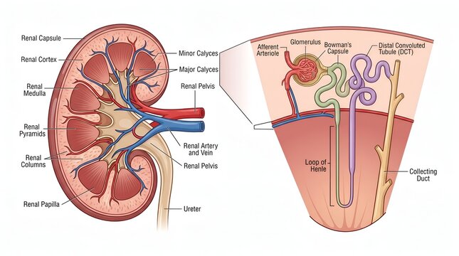 Human kidney anatomy and nephron structure medical diagram with labels. Detailed cross section showing renal cortex, medulla, and filtration unit for science education.