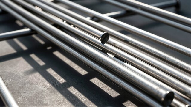 Shiny metal rods arranged neatly, casting sharp shadows on a dark surface.