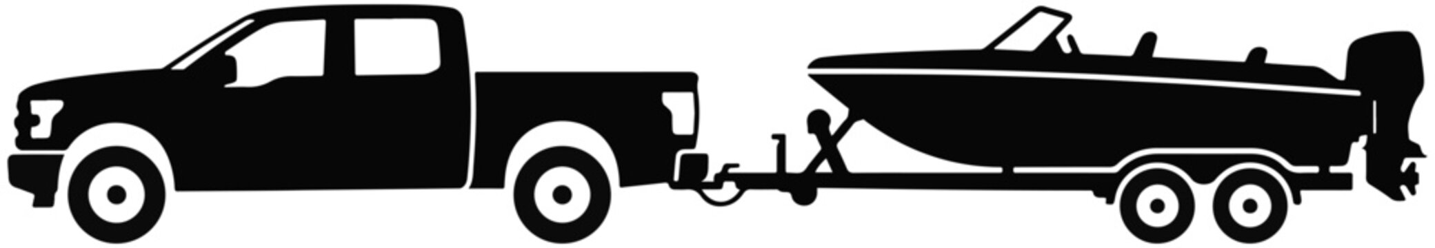 Side profile black silhouette of a pickup truck towing a motorboat on a trailer with towing boat vehicle silhouette boat transport recreational vehicle boat owner