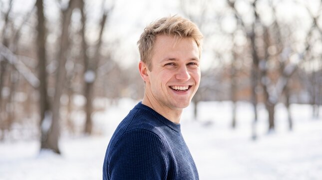 Polish American Man Cheerful Smile Snowy Park Copy Space