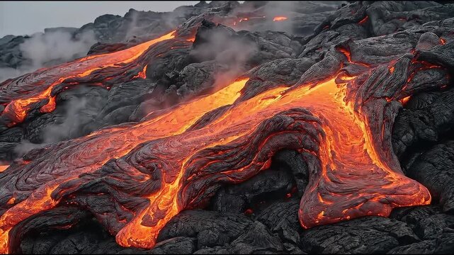 Footage of glowing molten volcanic lava flowing over dark basalt rocks with rising steam.